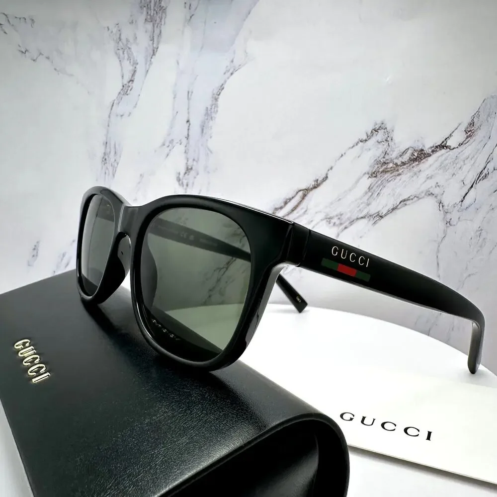 New GUCCI Sunglasses Black 54mm Square Gold Letter Logo Red Green Web Mens - Picture 6 of 15